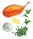 ÃÂ¡hicken kiev cutlet with white sauce and peas. Illustration watercolor